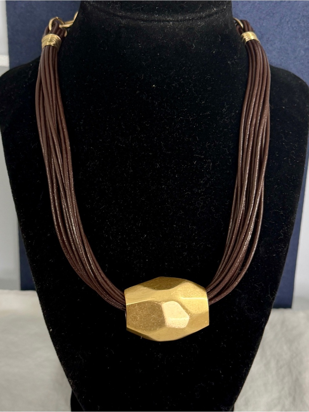 ROBERT LEE MORRIS RLM SoHo Brown Cord Heavy Gold/Brass Tone Slider Necklace